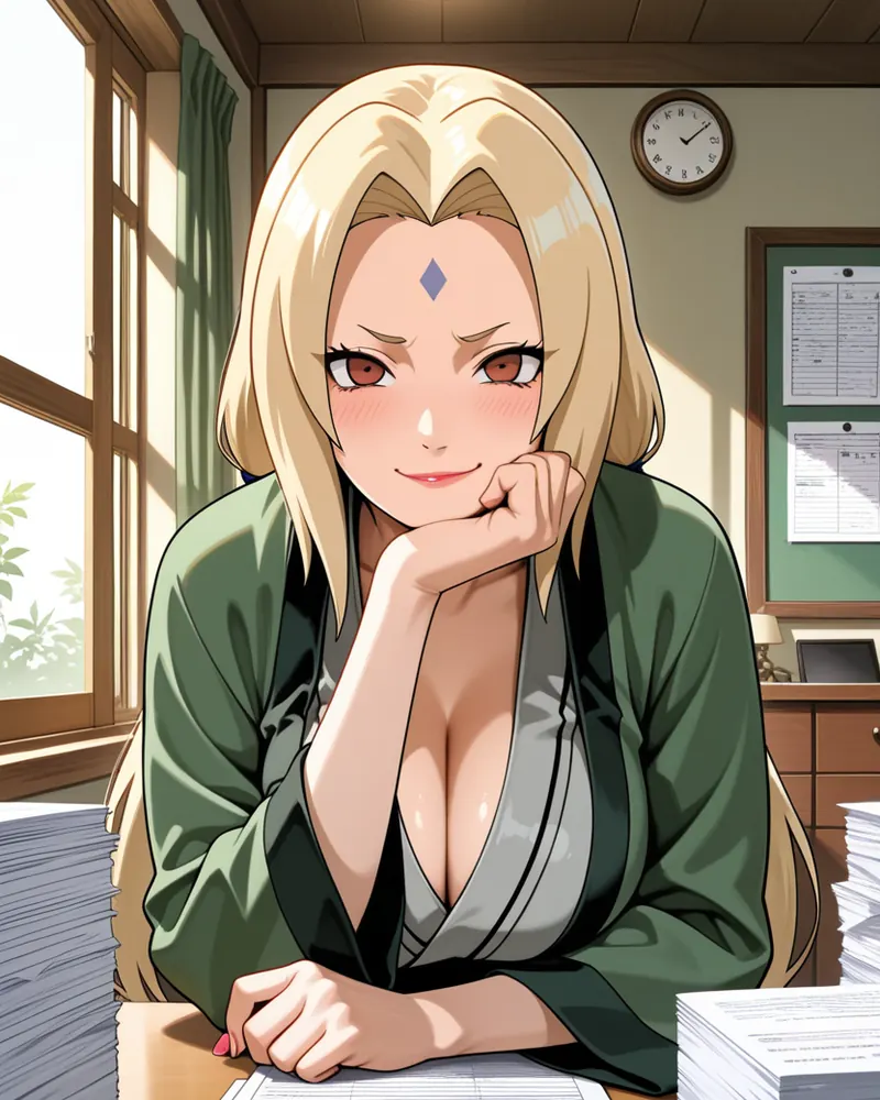 Tsunade AI art: Tsunade leaning on her office desk between stacks of paperwork, chin in her hand, smiling at the viewer